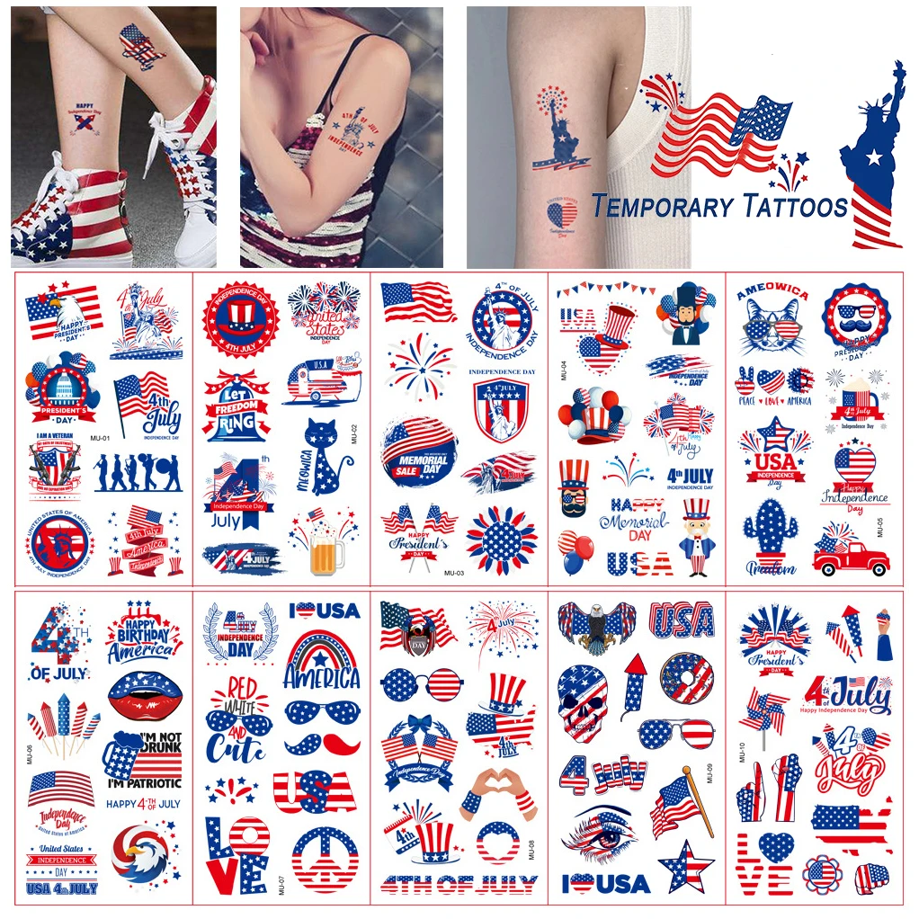 10 Sheets Independence Day Decoration Party Supplies Flags Temporary Tattoos