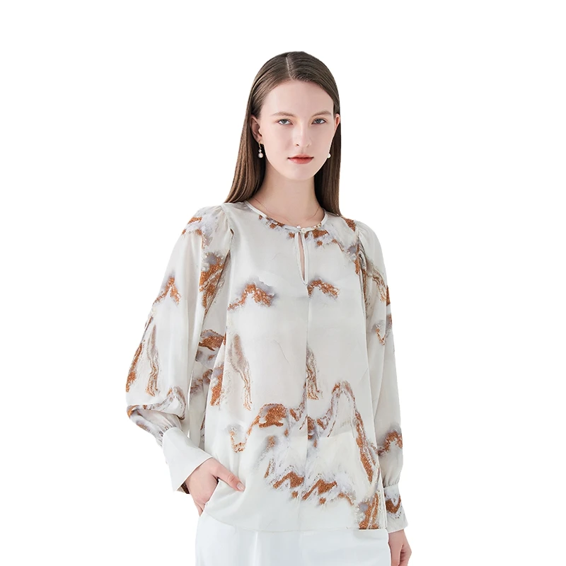 Customized 100% Silk Woman Casual Tops Fashionable Silk Loose Women Shirts Ladies Traditional Chinese Printed Blouses