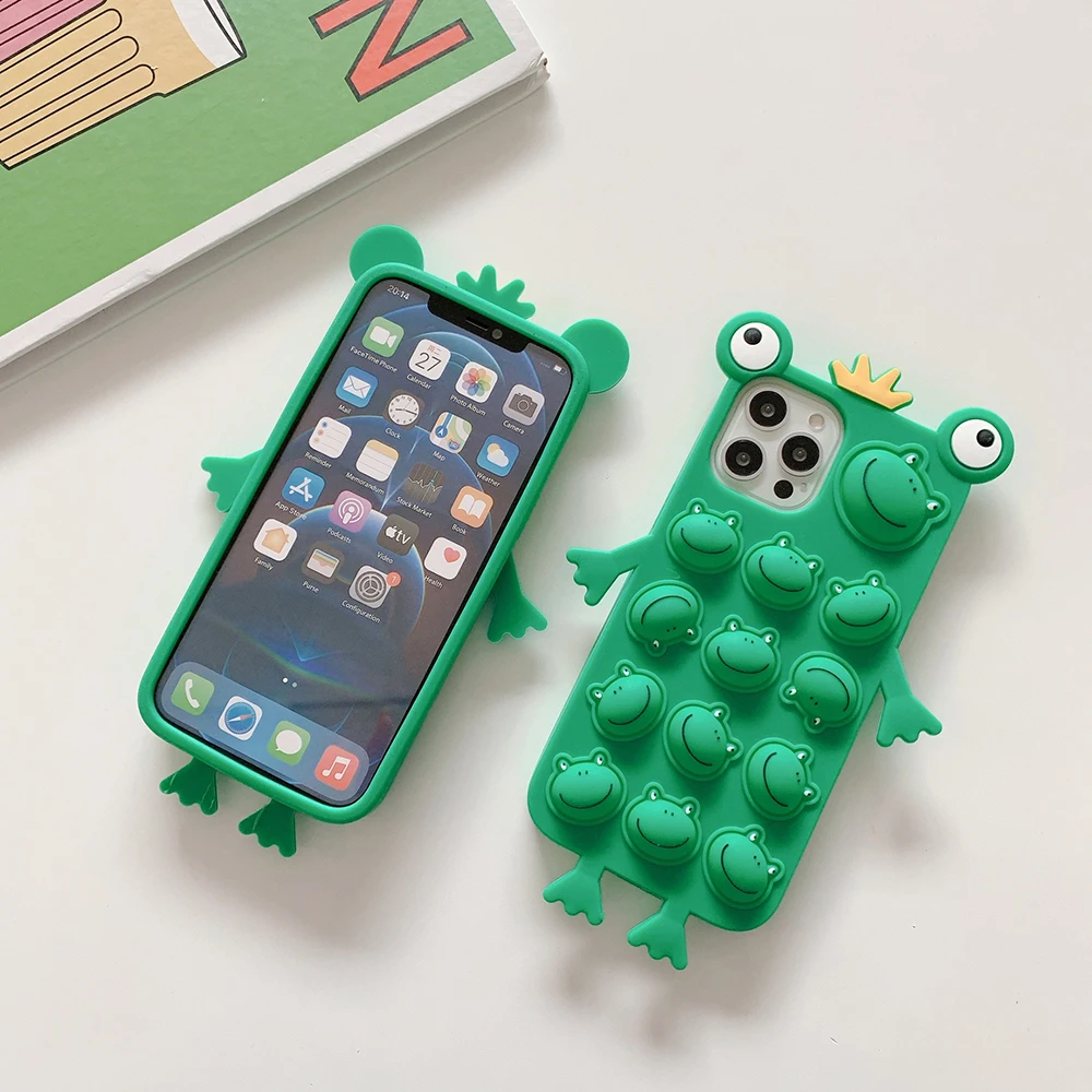Novelty silicone 3d frog popit bubble sensory toy push poping case for iphone 6/7/8/X/11/12 series cover decompression toy