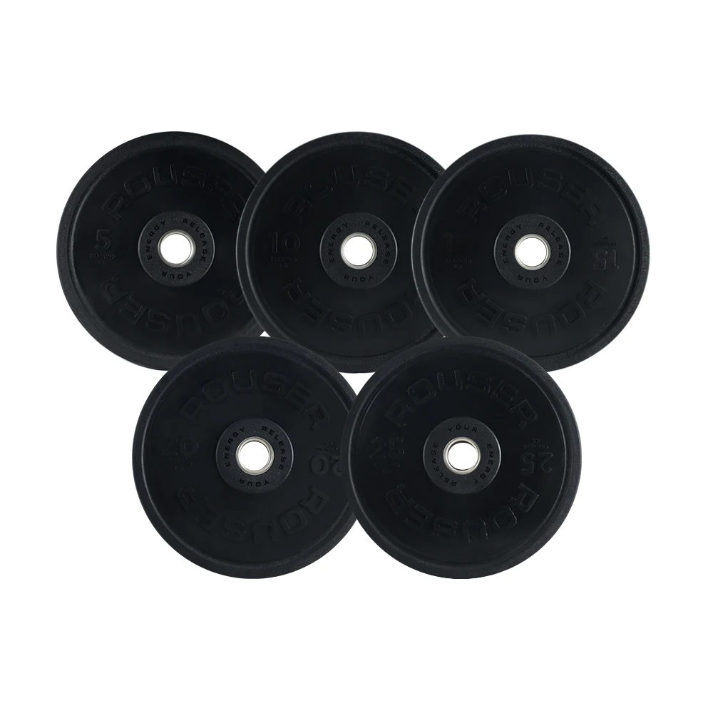 Rouser Fitness 3D EMBOSS Black Bumper Plates Factory Sale Free Weight Disc Lifting Barbell Bumper Plate Set Rubber for Sale
