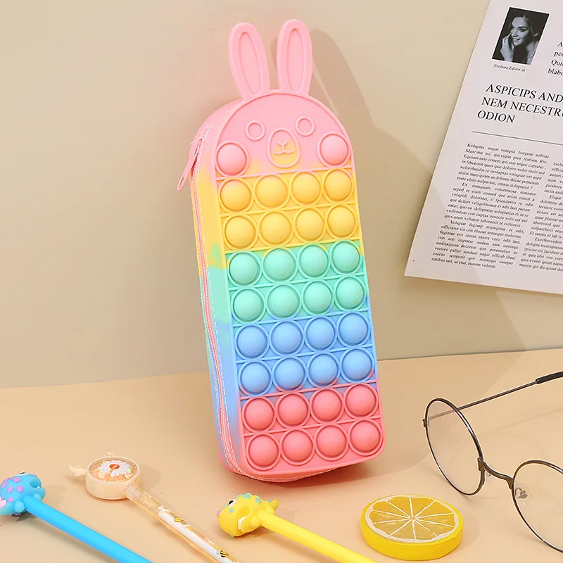 New Rainbow Color Decompression Pencil Case Cartoon Obedient Rabbit Silicone Creative Storage Stationery Box