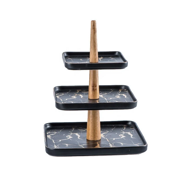 Banquet black marble square ceramic dish rack three-tier cake tray