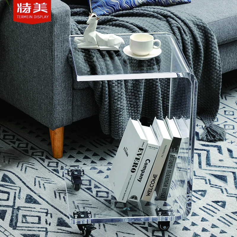Hot Sale Clear Living Room Furniture Snack Table On Wheels Acrylic Coffee Side Table