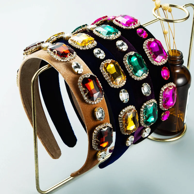 Retro Pleuche Rhinestone Crystal Headbands for Women Girls Party Headdress Autumn Winter Hair Accessories