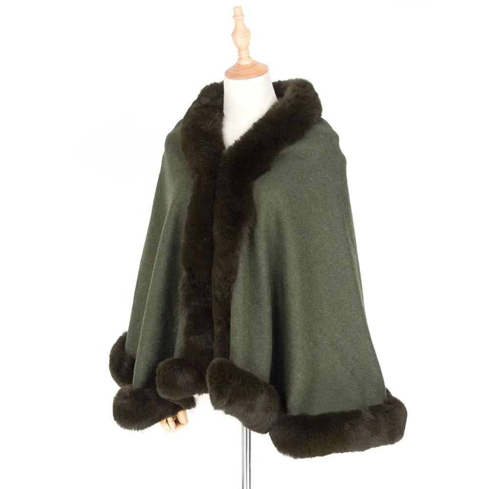
Wholesale Army Green Women Winter Cape Poncho Blending Pashmina Fur Stole Shawl Scarf With Fur Trim 