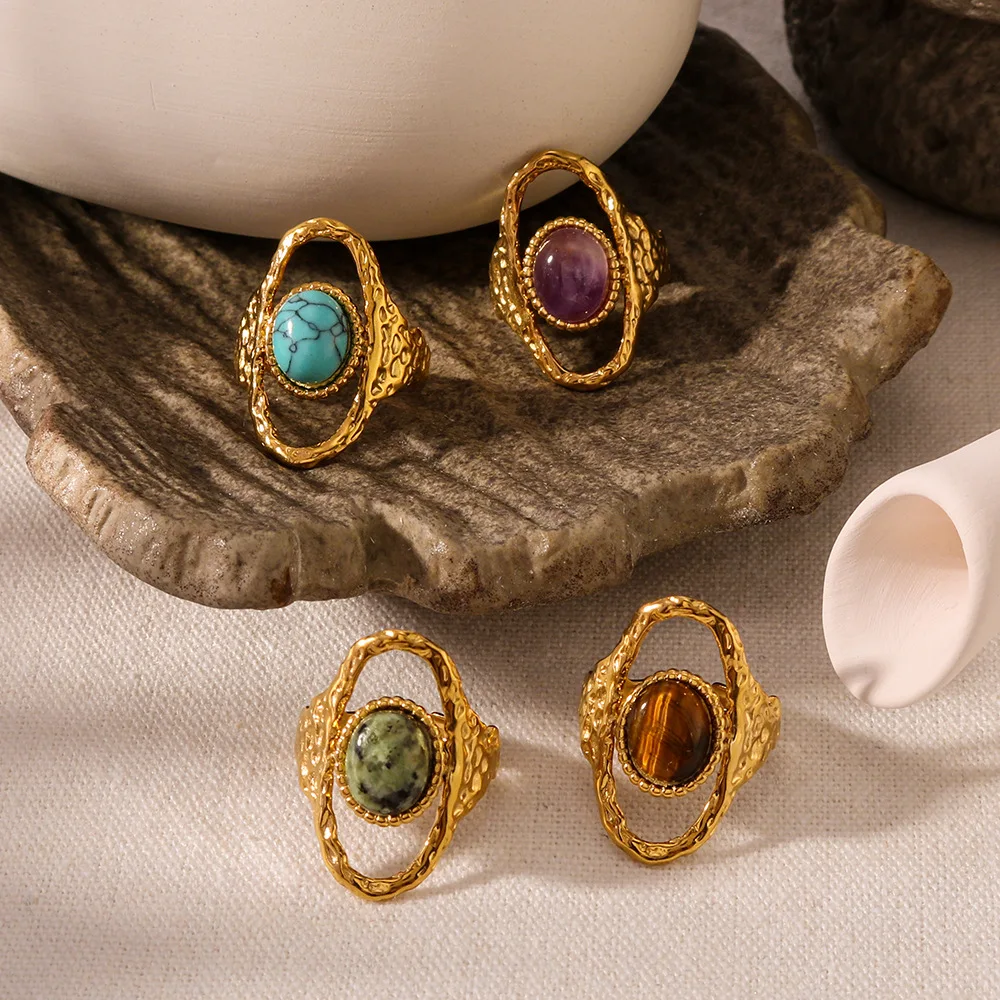 Chunky Stainless Steel 18k Gold Plated Hollow Tiger Eye Gemstone Ring No Fade Natural Stone Turquoise Ring