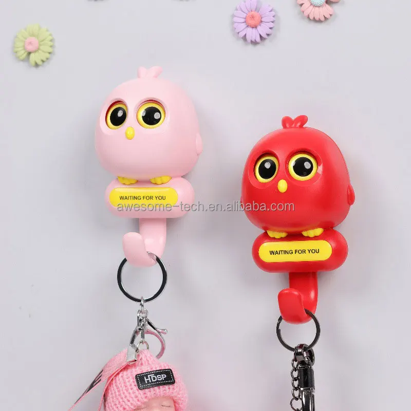 Wall Mount Coat Rack with Adhesive Hooks featuring Adorable Cartoon Animal Owl Blinking Eye Design Sticky Hooks