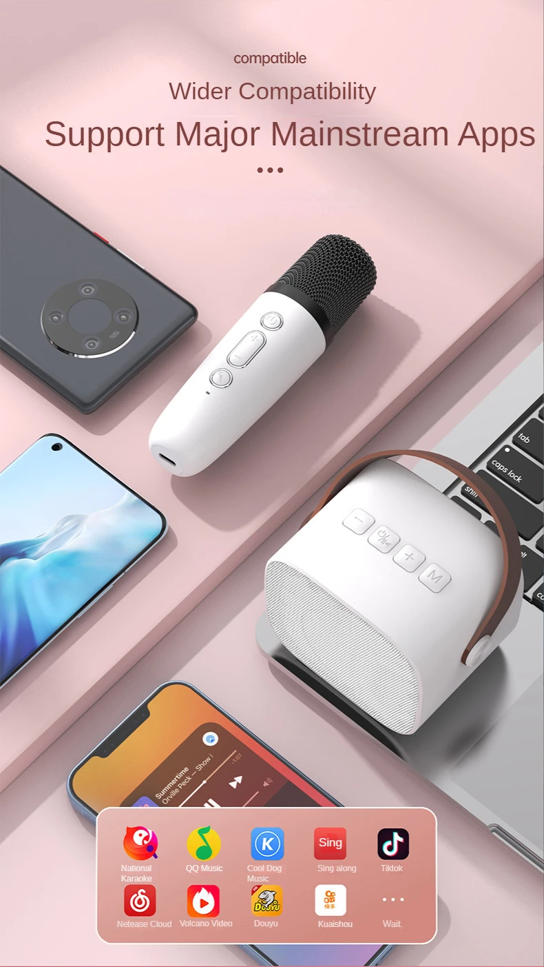 Portable Bt-compatible Speaker With Wireless Microphone Travel Music MP3 Player Mini Karaoke Machine for kids