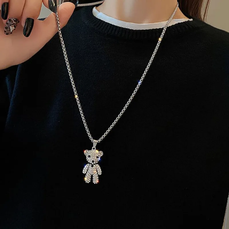 Jewelry Accessories Men Teddy Bear Pendant Robot Bear Necklace Lovely full diamond bear tide necklace ins occidental Hip Hop pen