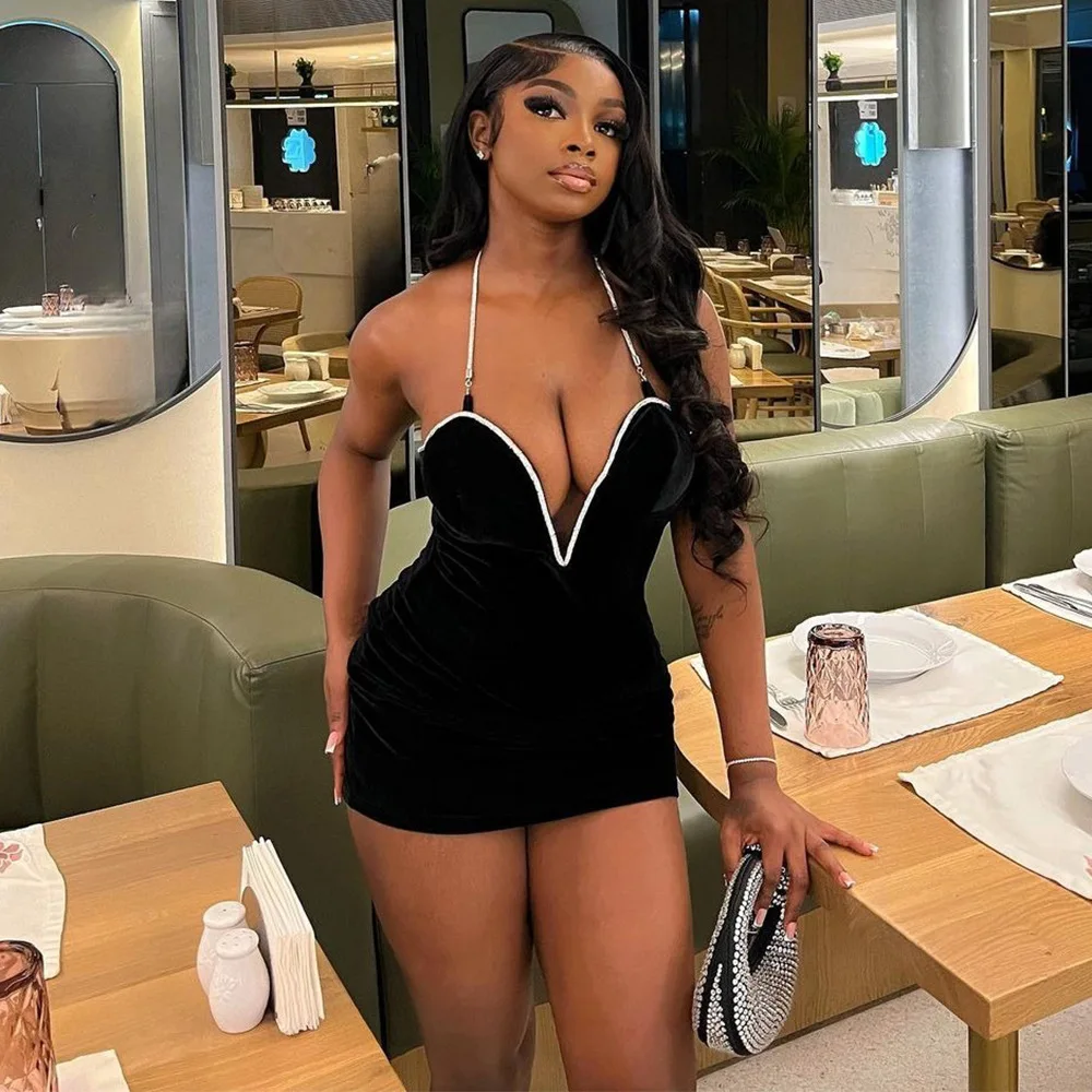 Bomblook C424DS Velvet Sexy Fashion Mini Dress Bodycon Summer Sexy Club Party Patchwork Cami Evening Dresses For Women 2024