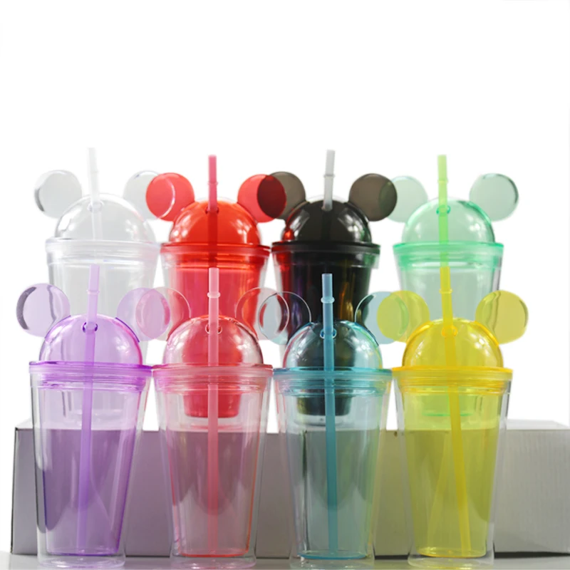 
US warehouse In stock: Acrylic BPA Free Wholesale Plastic Dome Lid Double Wall Mickey Mouse Ear Tumbler Cup with Straw In Bulk 