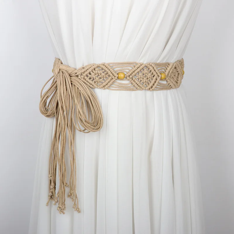 New Fashion Ladies Woven Wide Belt National Style Long Knot Bohemia Joker Decorative Waist Rope Knitted Belts