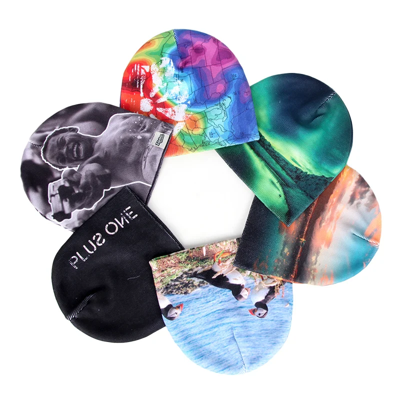 Custom Sublimation All Over Printed Y2K Logo No Fold Unisex Winter Knit Skullies Cuffless Beanie Hat Cap Low MOQ