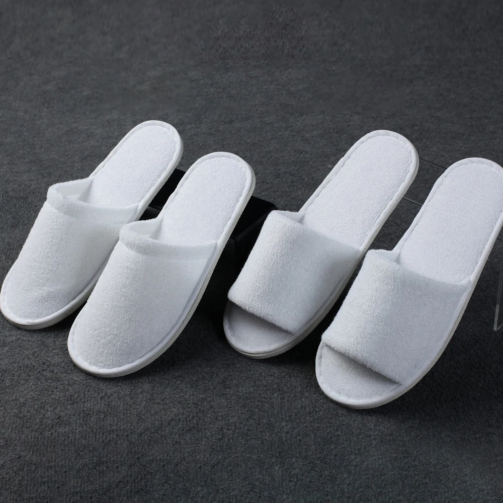 Hot selling OEM hotel customer logo open and closed toe disposable brushed terry cloth slippers