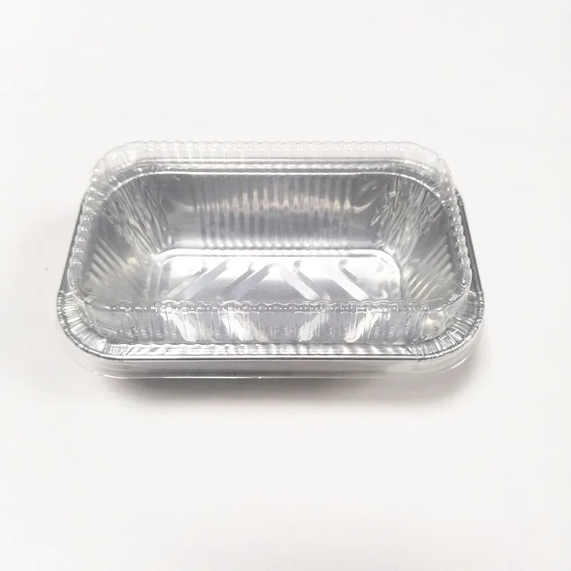Full curved edge 250ml rectangular disposable aluminum foil pet food boxes with clear lids foil baking trays aluminum loaf pans
