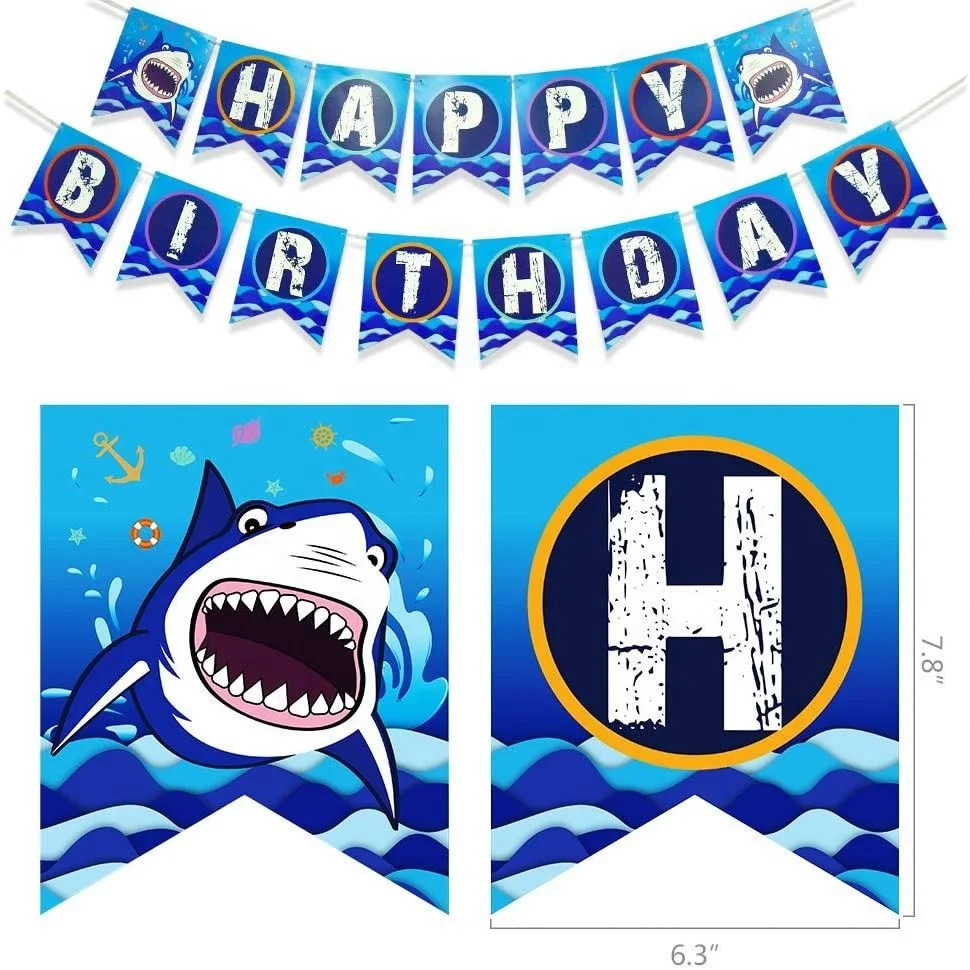 Shark Party Supplies Set - Blue Ocean Pool Party Decorations for Boys Kids Birthday Banner Signs Balloons Cutlery Bag