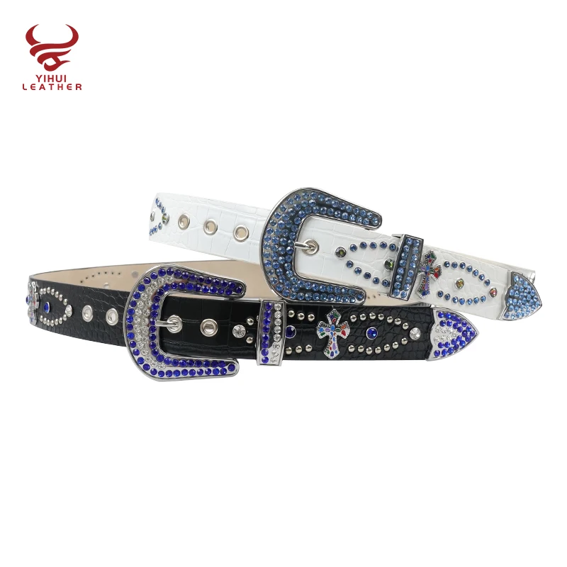 Designer Crocodile Pattern Rhinestone Belt Bling Bling Colorful Cross Classic Belt for Women Men