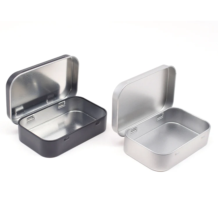 Custom Logo Rectangular Black Silver Gift Tool Storage Candy Hinge Tin Case Packaging Metal Small Custom Tin Box