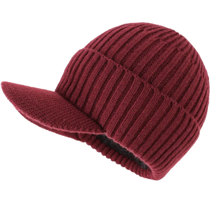 Mens Outdoor Hat Winter Warm Thick Knit Beanie Hat with Visor Beanie with Brim