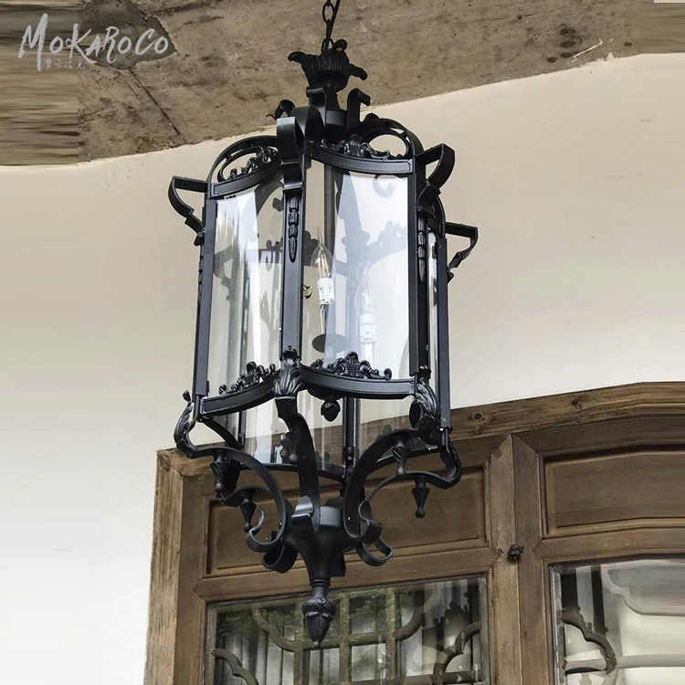 Black gram color vintage American hexagonal glass chandelier Roman Gothic courtyard chandelier