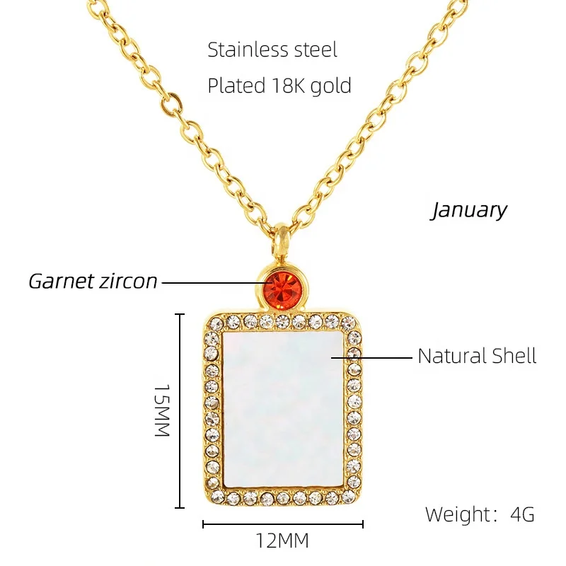 MECYLIFE Birthday&Christmas Gift 18K Gold Plated Square Natural Shell Jewelry Zircon Diamond Stainless Steel Birthstone Necklace