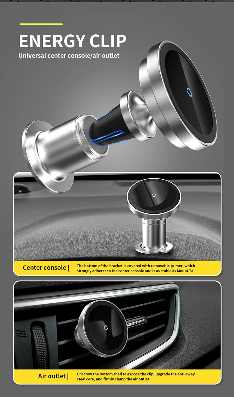 Metal aluminum dashboard air vent 2 in 1 anti-slip 15w fast charging wireless magnetic car charger mount