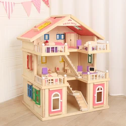 High Quality Amazon Hot Sale Pretend Toy Kids Wooden Doll Villa with Doll Room Furniture Doll House