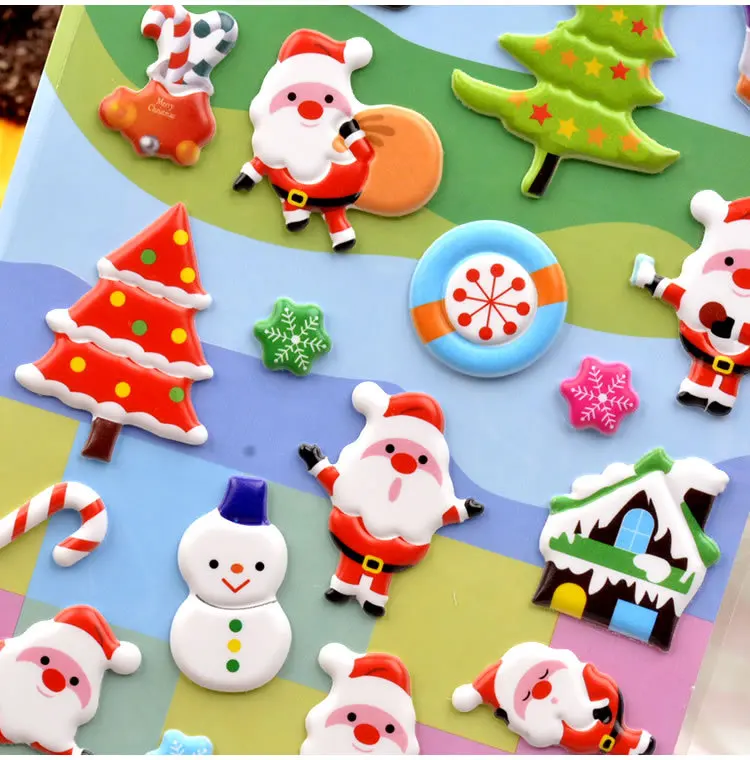 Custom 3D Cartoon Christmas Holiday Puffy Sticker Sheet Waterproof Kiss Cut Bubble Sticker