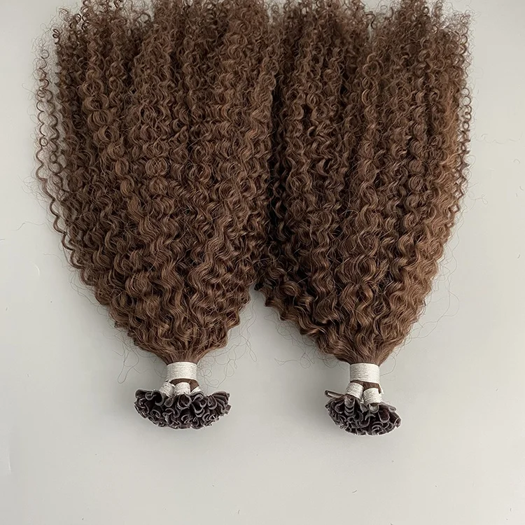 Wholesale Price 20inch Italian Curly wave Double Drawn Human Hair Brown Color Keratin Prebonded women U tip Hair Extensions