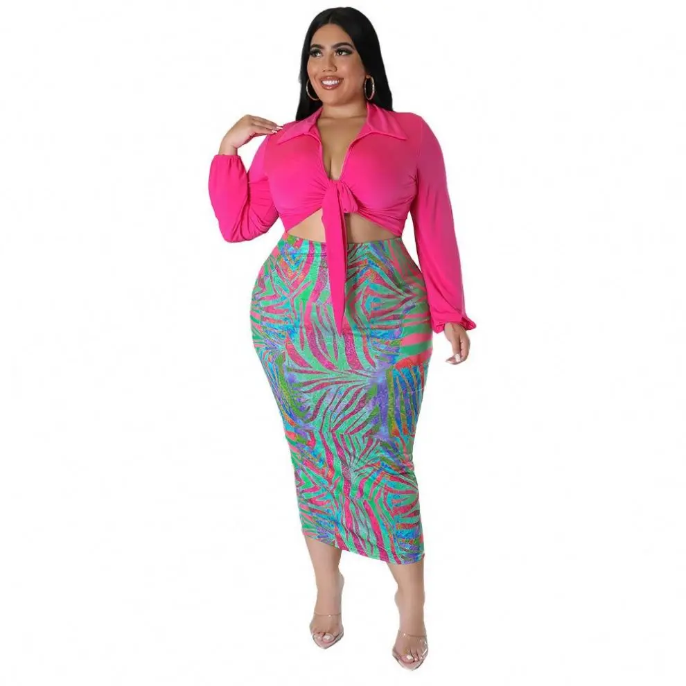 L-5Xl 2 For Women Long Sleeve Plus Size Skirts Two Pieces Set 2024 Summer Clothing New trends