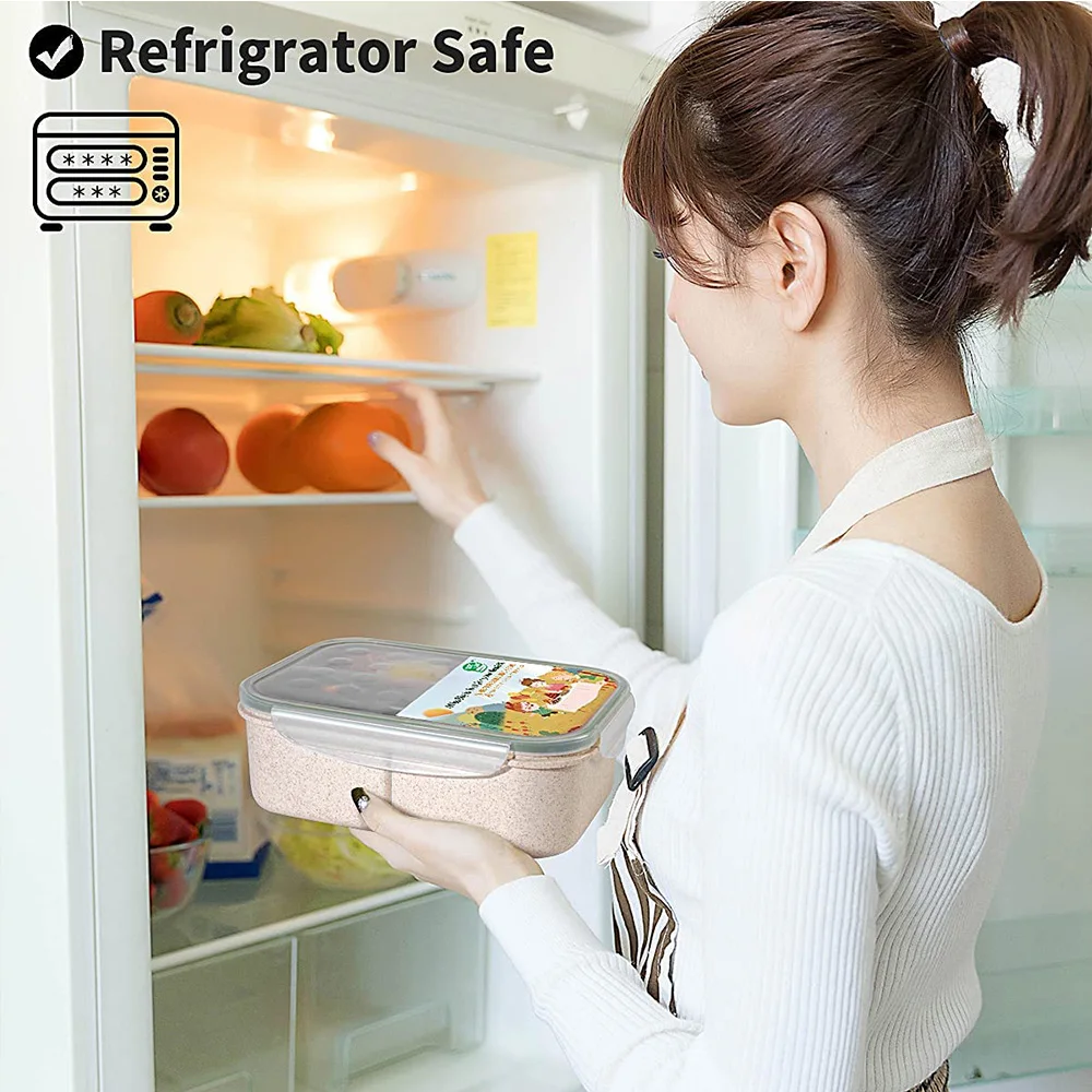 Leak-Proof Lunch Containers No BPA Microwave Dishwasher Safe Bento Box Plastic Lunch Box Wheat Fiber Thermal Lunch Box for Kids