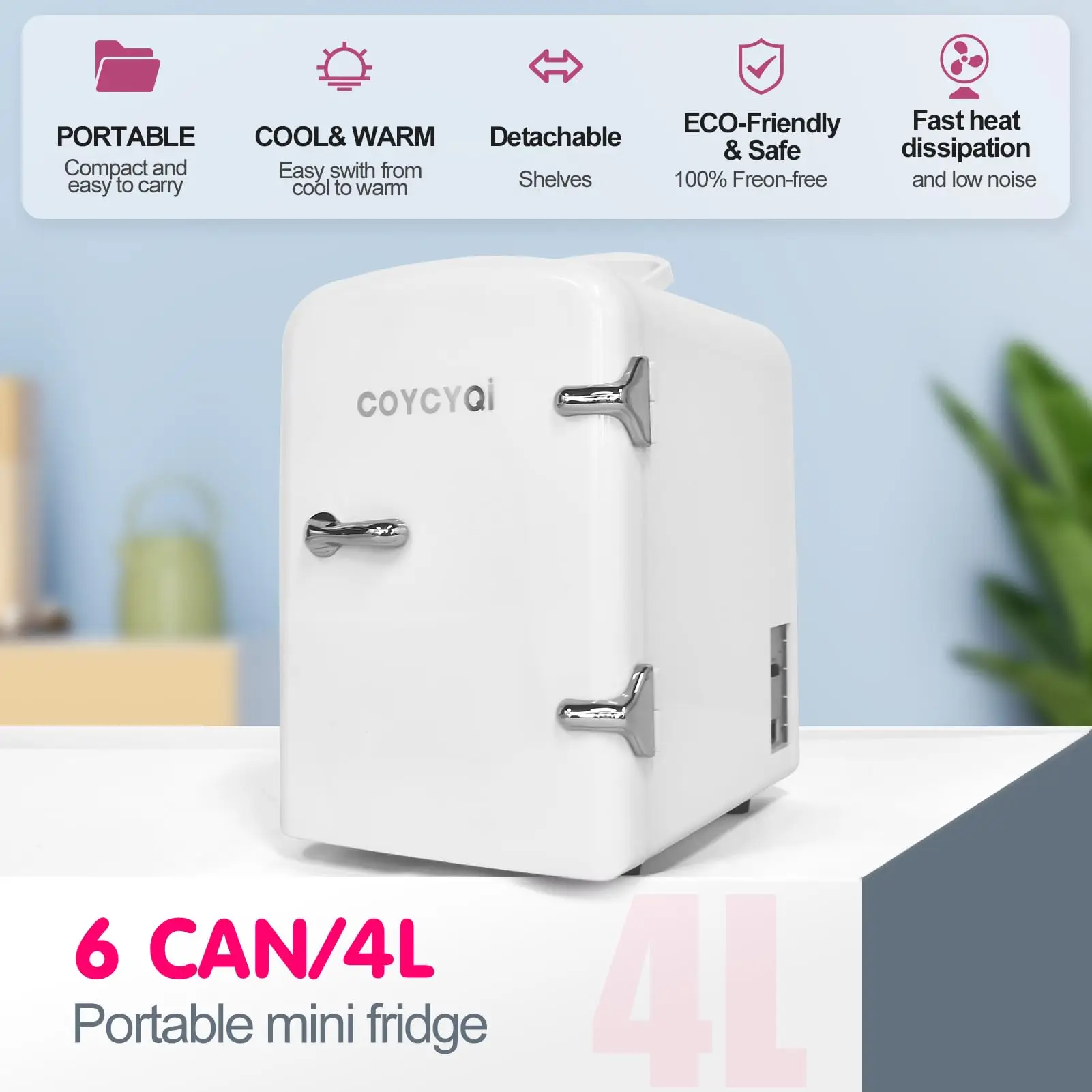 mini fridge 4 L /6 can electric cooler and heater for food, beverage, skin care and cosmetics -