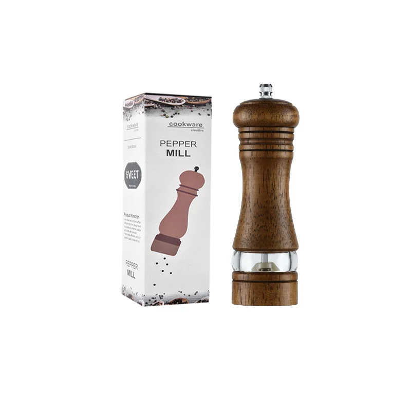 6inch Manual Kitchen Sauce Bottle Rubber Wood Seasoning Grinding Bottle Acrylic Wooden Pepper Grinder