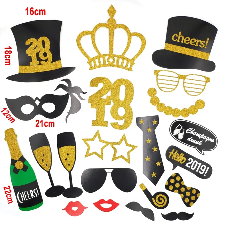 22pcs gold glitter 2020 new year eve selfie photo booth props kit