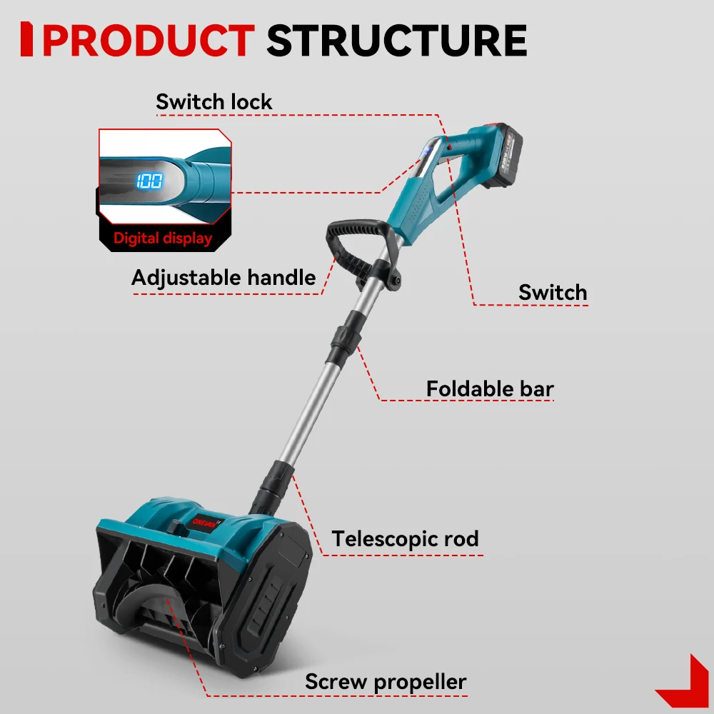 ONEVAN 2500W Brushless Electric Snow Plow 250mm Snow Sweeper Cordless Snow Shovel Clean Street Courtyard For Makita 18V Battery
