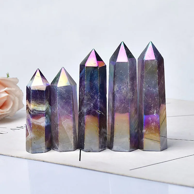 Natural Amethyst Electroplating Crystal Point Angel Aura Amethyst Point Crystal Tower Healing Crystal Wand
