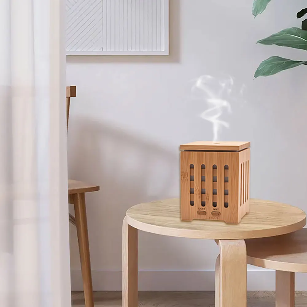 Square Shape Ultrasonic Aroma Diffuser Machine Real Bamboo Aromatherapy Essential Oil Diffuser