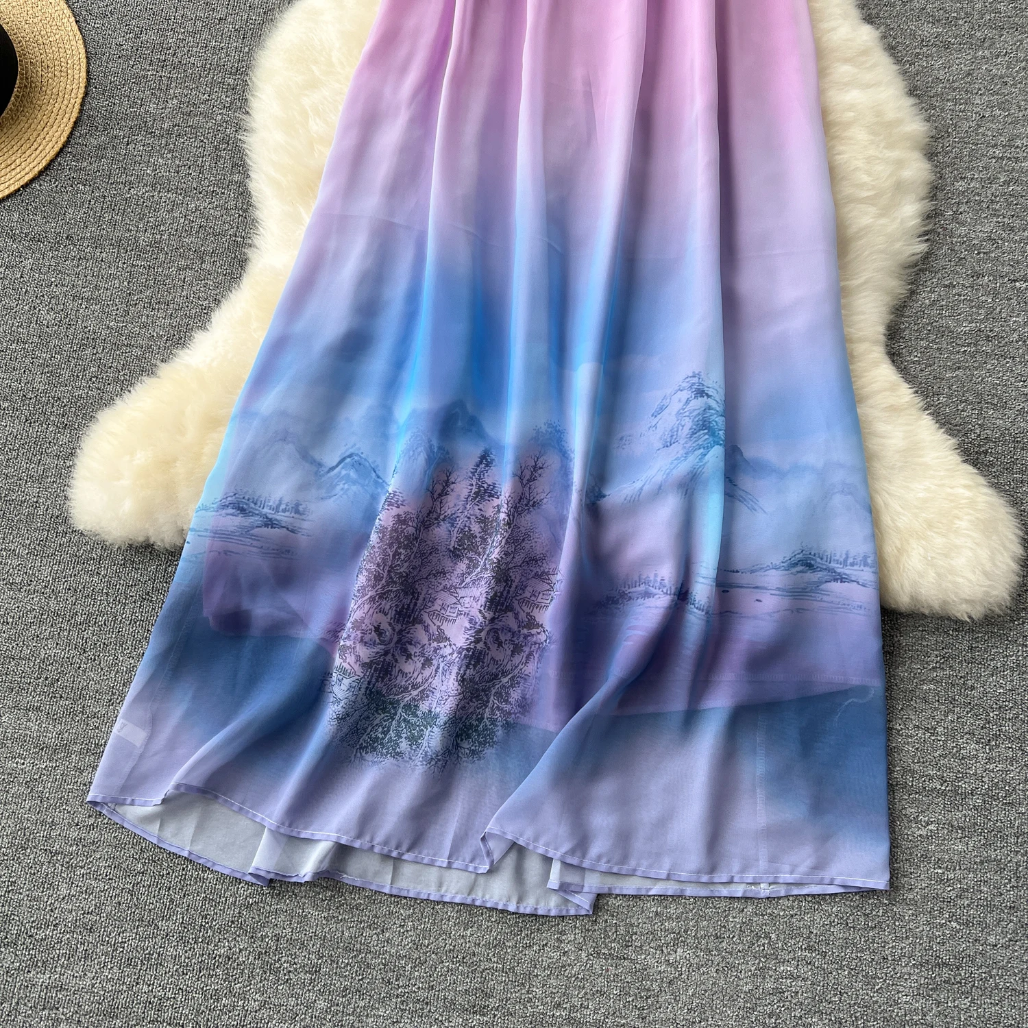 Summer Fairycore Halter Casual Midi Dress For Women Sleeveless Gradient Printed Backless Lace Dress