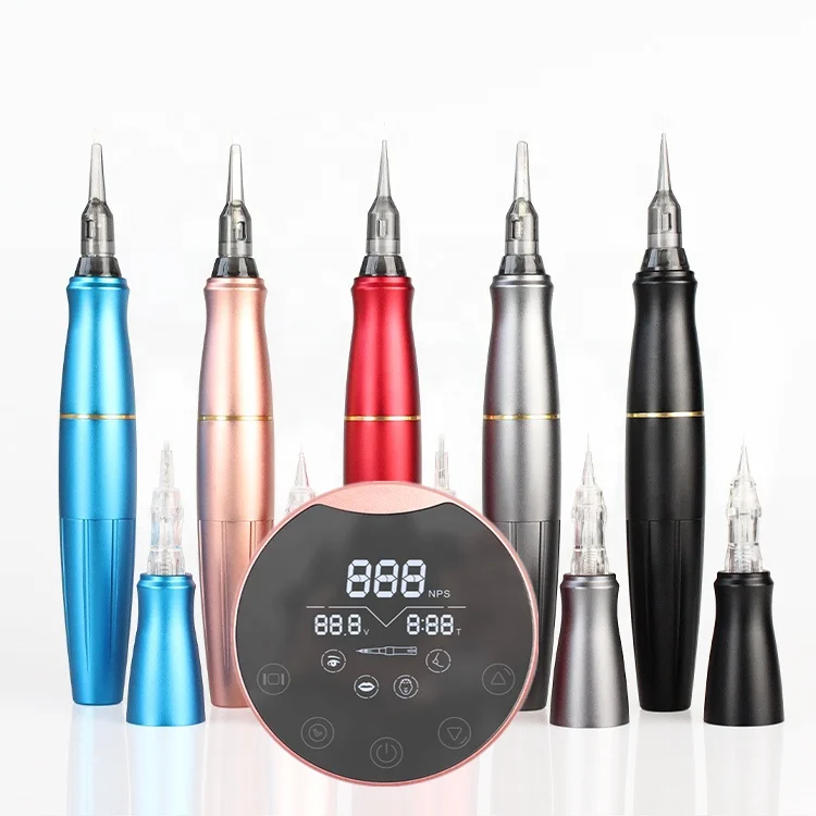 Professional Exquisite Mirror Pink Rotary Pen Tattoo Machine Kit, Biomaser P90 Digital Microblading Eyebrow Machine With Needles