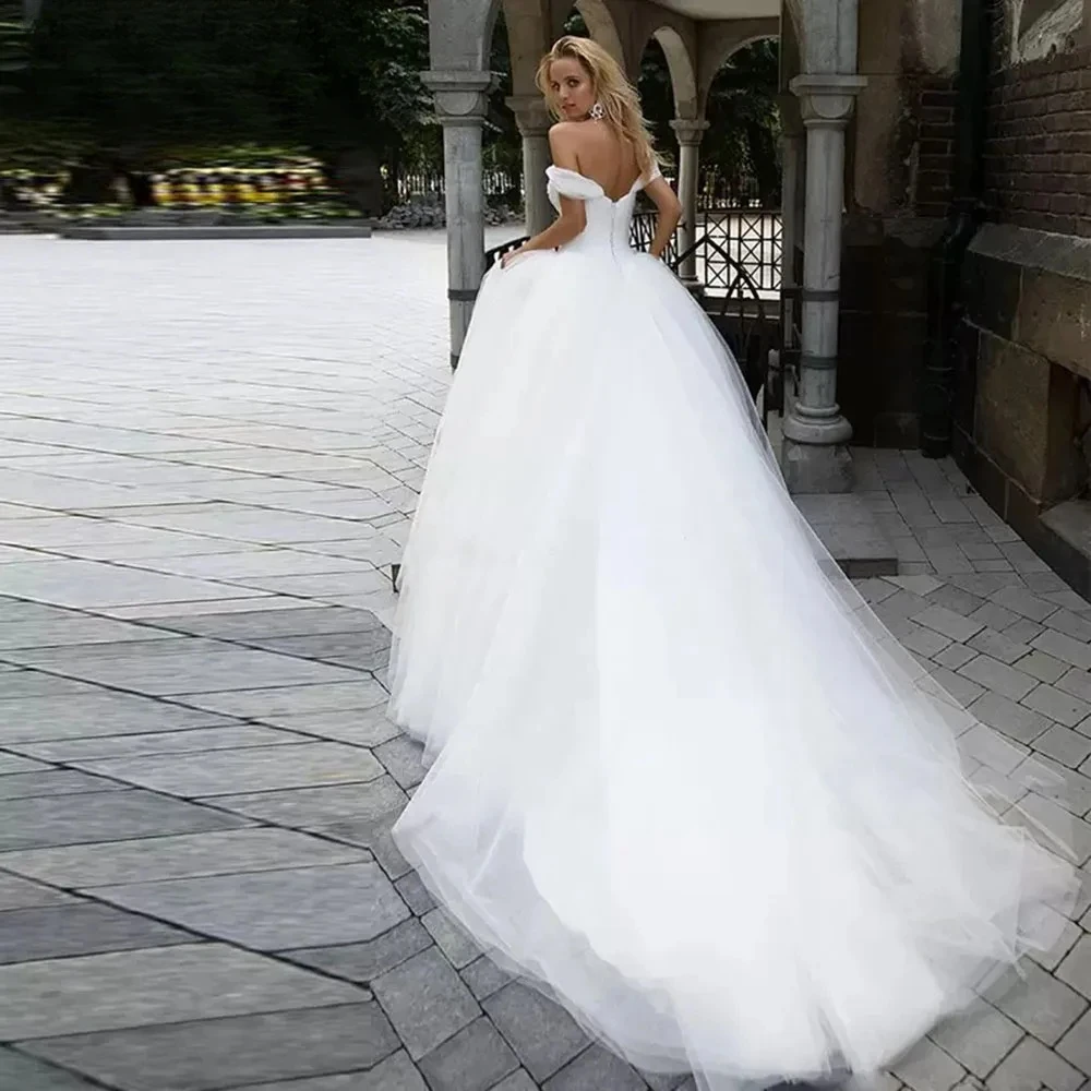 White Off the Shoulder Wedding Dresses Appliques Beaded A-Line Tulle Puffy Skirt Bridal Gown Sweep Train Robe De Mariage