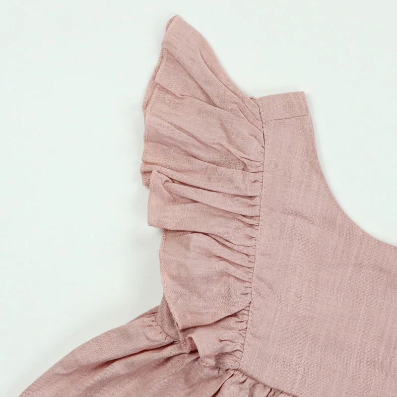 Wholesale Boutique Babi Girl Summer Linen Party Dress Plain Color Designs Ruffle Pink Dresses