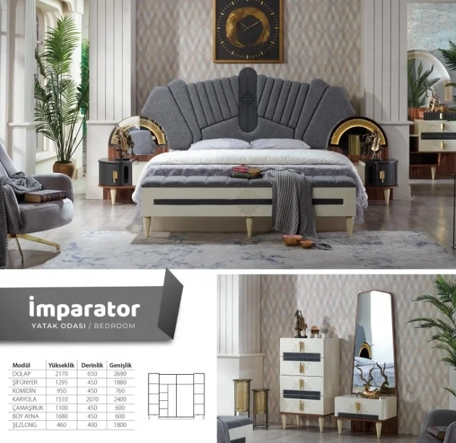 Imperator wedding bedroom set king size bed with storage lighted headboard mirrored dresser Turkish furniture