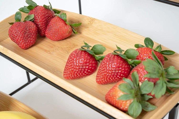 Natural Kitchen New Design Wooden 3 Tier Bamboo Serving Food Trays with Tiered Metal Stand