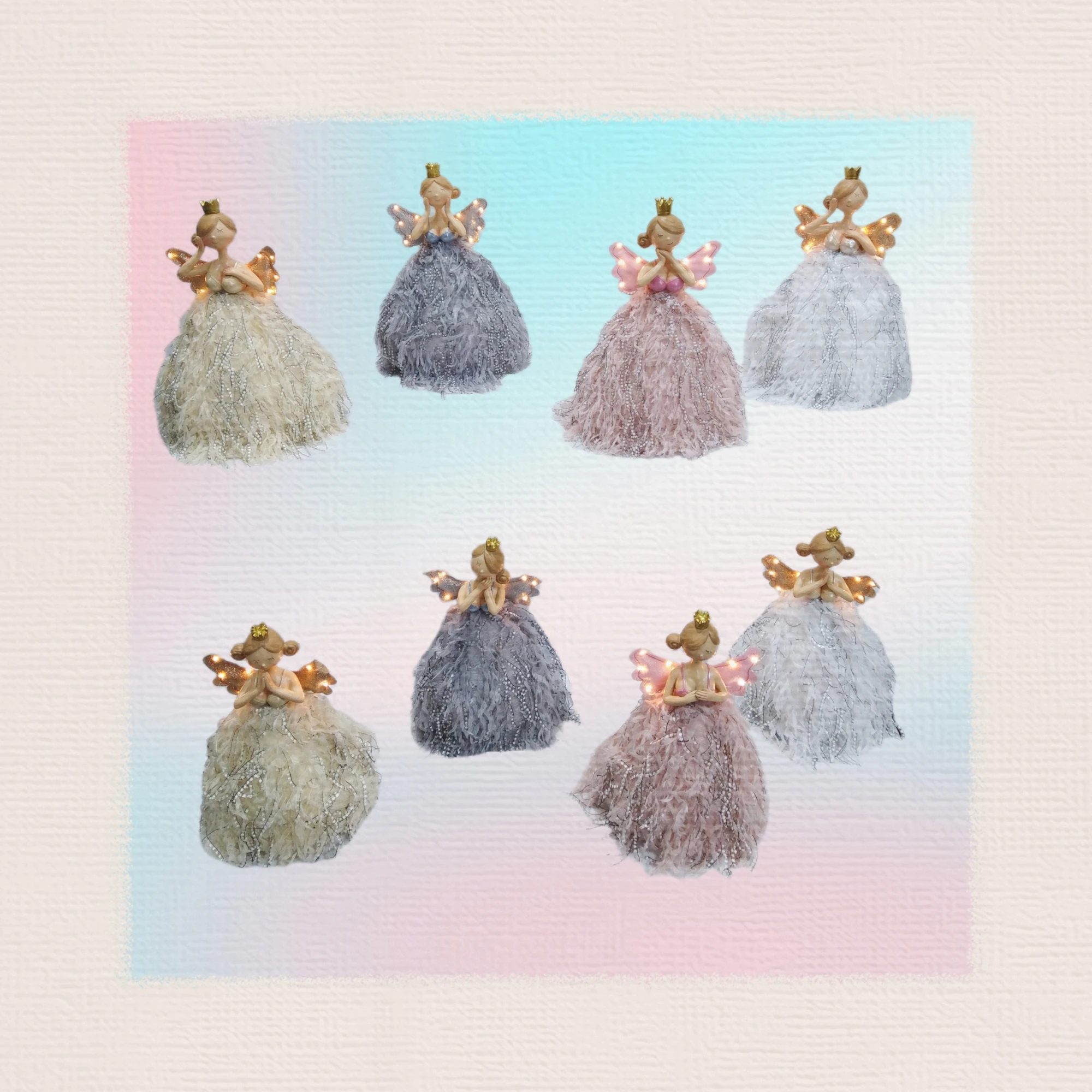 Christmas Angel Gift for Girl Resin Doll with LED Light Shining Wing and Skirts Angel Home Decoration Resin Plush Ornaments