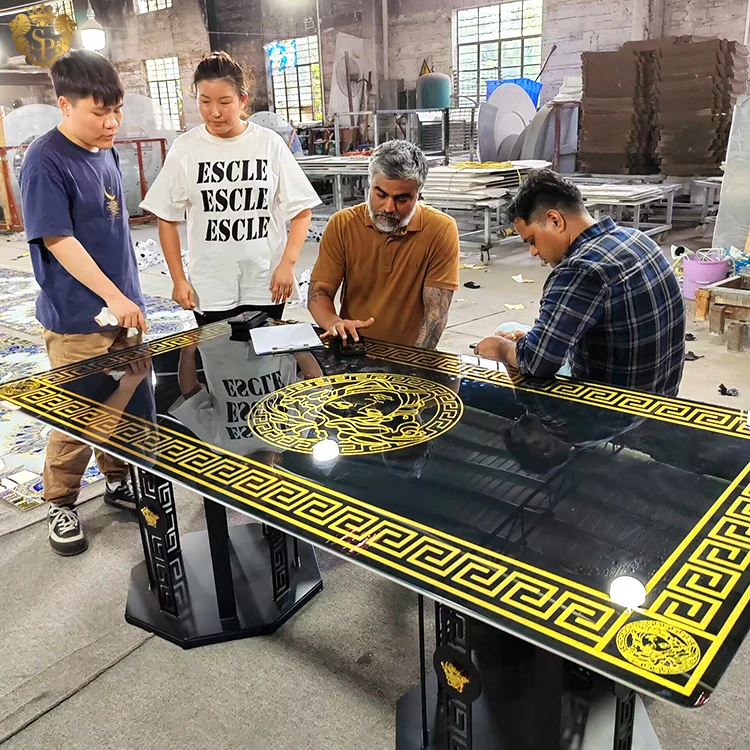 Luxury black gold large sintered stone dining room table furniture designer classic italian modern 6 seater dining table set