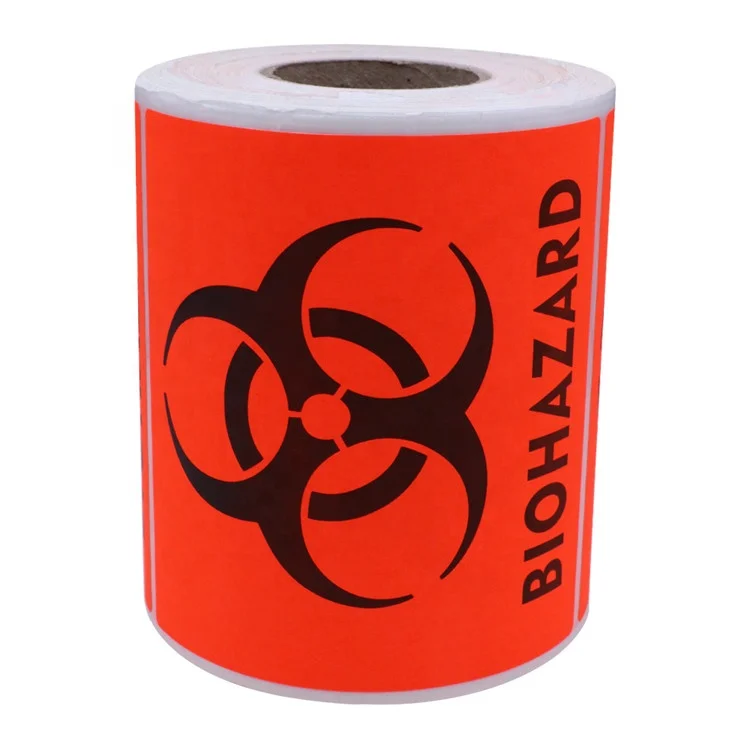 Hybsk Biohazard Warning Labels 4 x 4 inch Fluorescent Red-Orange Hazardous Stickers | 100 Labels/Roll