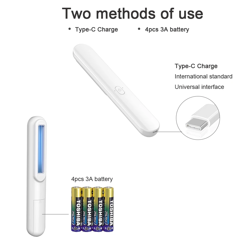 Мощная ультрафиолетовая дезинфицирующая лампа для дезинфекции от батареек AAA UV-C стерилизатор с usb-кабелем