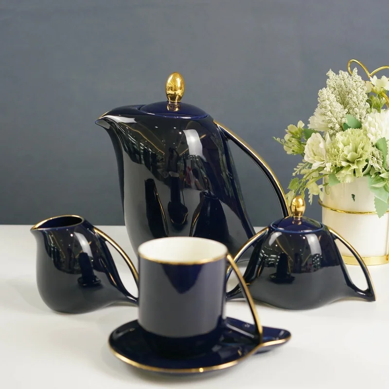 Restaurant Tableware Nordic Porcelain Dinnerware  Tea Sets Dishwasher Safe 24 pcs Black Ceramic Dinner Set