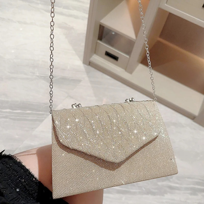 RB17 Bridal Wedding Party Bag Bling Sequin Golden Evening Clutch Bag Ladies Dinner Bag with Handle