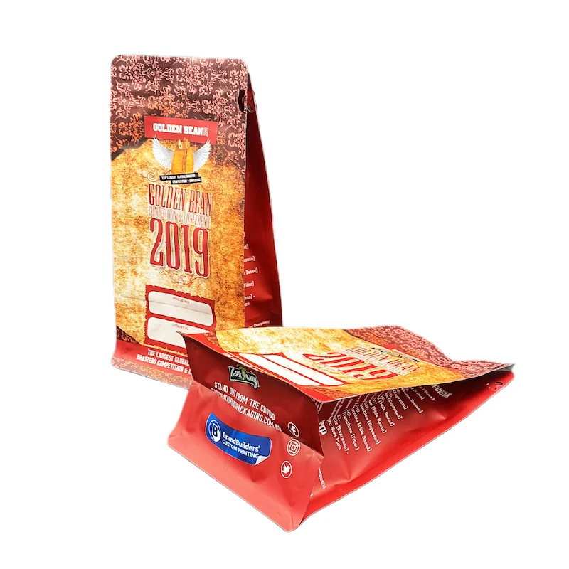 Custom Printed Stand Up Flat Bottom Coffee Bean Pouch Eight Side Sealed Coffee Packaging Bags With Valve